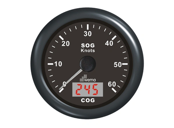 WEMA GPS knopmåler m/kompass, sort 0-60 knop